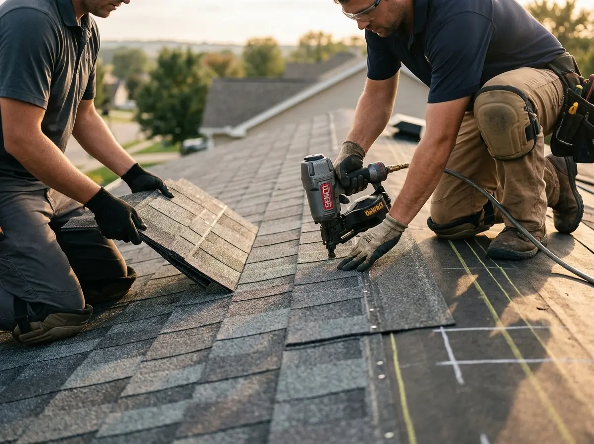 Professional roofer working on a residential roof in Denison